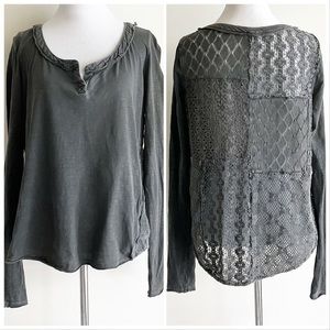 Free People Small Gray Henley Long Sleeve Patches Lace Crochet Back